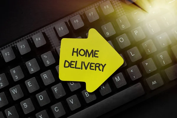 Display concettuale Home Delivery. Approccio commerciale Tutti gli articoli di checkout vengono inviati direttamente al compratore s is home Redazione e retipizzazione Segnala errori ortografici, dattilografia Inventario Negozio online — Foto Stock