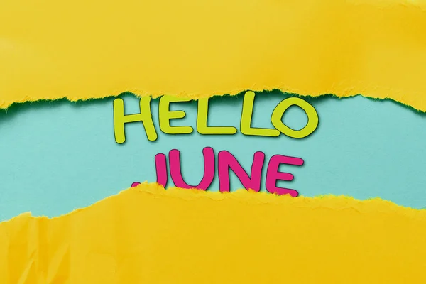Szöveg megjelenítése Hello June. Koncepció jelentése egy új hónap, hogy megtervezze a tevékenységek szórakoztató és kalandok Absztrakt felfedezni az új élet jelentése, ölelése Self Development Concept — Stock Fotó