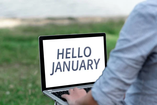 Señal de escritura a mano Hola enero. Saludo de la idea de negocio utilizado al dar la bienvenida al primer mes del año Capacidades de llamadas de voz y video que conectan a las personas juntas —  Fotos de Stock