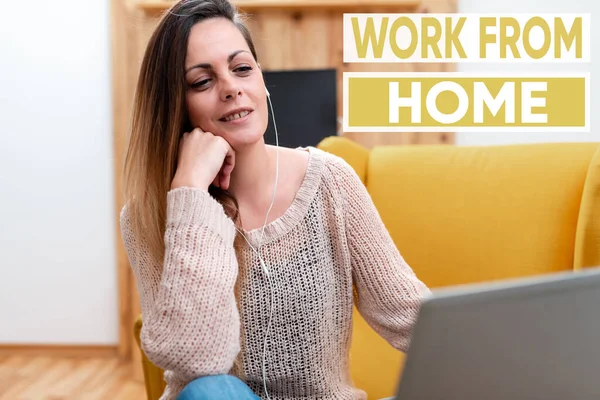 Conceptual display Work From Home. Business idea communicating with the company mainly from home flexibly Browsing And Chatting In Social Media, Searching And Watching Videos — Stock Photo, Image