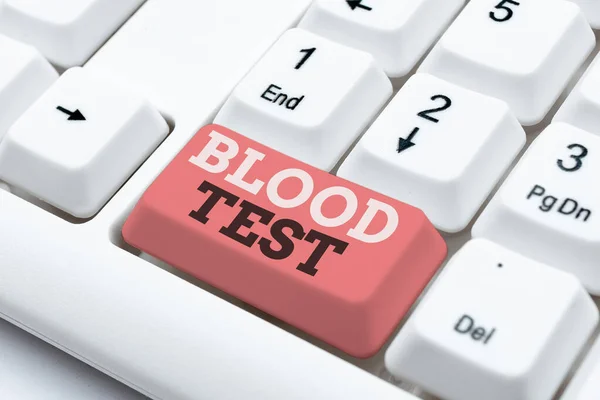 Hand writing sign Blood Test. Business approach Extracted blood sample from an organism to perfom a laboratory analysis Typing Program Functional Descriptions, Creating New Email Address — Stock Photo, Image