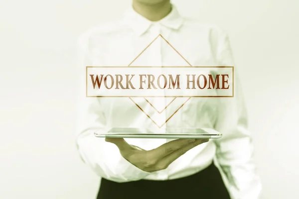 Hand writing sign Work From Home. Concept meaning communicating with the company mainly from home flexibly Presenting New Technology Ideas Discussing Technological Improvement — Stock Photo, Image