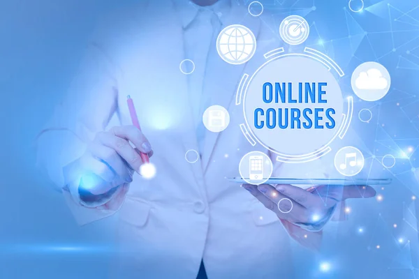 Conceptual display Online Courses. Concept meaning earning an education that is conducted over the Internet Business Woman Touching Futuristic Virtual Display Holographic Interface.