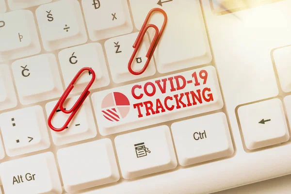 Handstilstext Covid 19 Tracking. Affärsöversikt Utmärkande process för möjliga infekterade individer Internet Browsing och Online Research Study Typing Your Ideas — Stockfoto