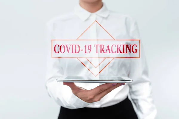 Skriva visning av text Covid 19 Tracking. Affärsöversikt Utmärkande process för eventuella smittade individer Presentera ny teknik Idéer Diskutera tekniska förbättringar — Stockfoto