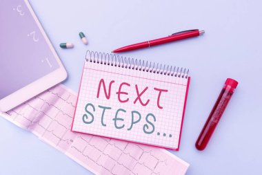 Sonraki Adımlar 'a ilham veren mesajlar. Kavramsal fotoğraf, ilk İleri Tıbbi Teknoloji Laboratuvarı Yeni Virüs Tıbbı Testi 'ni bitirdikten sonra yaptığınız bir şeydir.