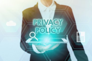 Gizlilik Politikası 'nı göster. Müşteri yönetimine ilişkin ticari gösteri belgesi, Yeni Geleceği Gösteren Sanal Teknolojiyi Gösteren Takım Elbiseli Kadın Durma Aygıtını kullanan veridir..