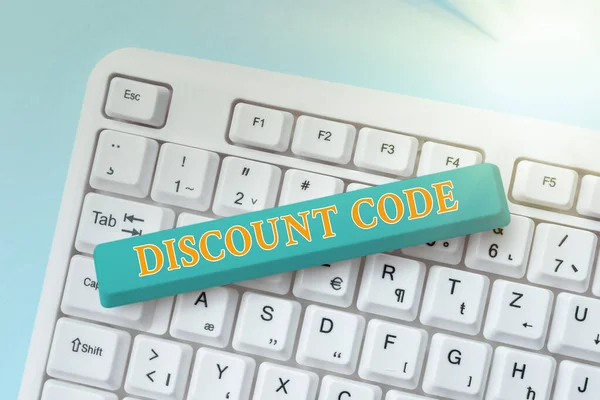 Text sign showing Discount Code. Conceptual photo to reduce the price of a product with an individualalized voucher Typing Character Background Story, Creating New Social Media Account