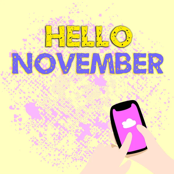 Tekst bijschrift met Hallo November. Business showcase begroeting gebruikt bij het verwelkomen van de elfde maand van het jaar Abstract Spreading Message Online, Global Connectivity Concepts — Stockfoto