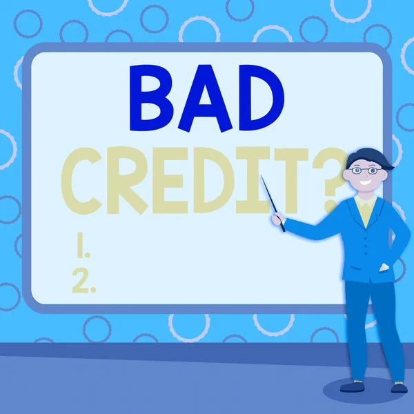 Podpis koncepcyjny "Bad Credit Question". Koncepcja oznacza zły wynik kredytowy z powodu niespłacenia kredytów Abstrakcyjny profesor daje wykłady, Wyjaśnienie i Koncepcja raportowania — Zdjęcie stockowe