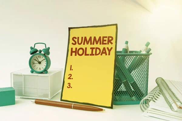 Sign displaying Summer Holiday. Word Written on special period of time in summer for relaxation and fun Tidy Workspace Setup Writing Desk Tools And Equipment Time Management — Stock Photo, Image