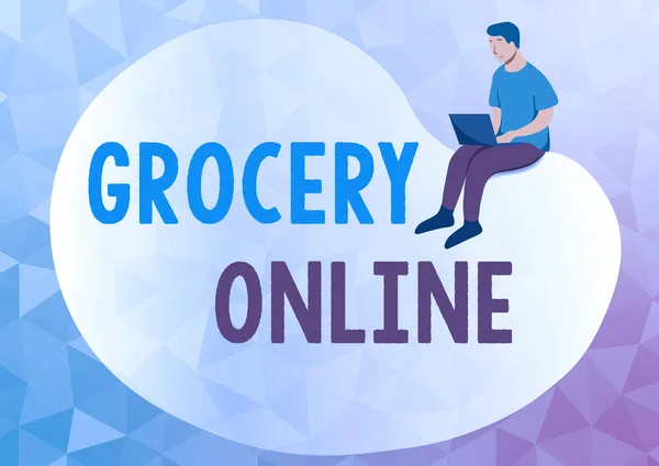 Ručně psané označení potravin online. Business koncept digitální verze supermarketu akceptující online objednávání Abstraktní šíření zprávy Online, Globální koncepce konektivity — Stock fotografie