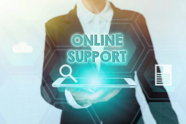 Hand writing sign Online Support. Business concept range of services which helps in solving the buyer s is problem Woman In Suit Standing Using Device Showing New Futuristic Virtual Tech. — Stock Photo, Image