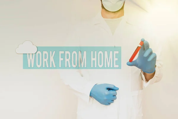 Text showing inspiration Work From Home. Business showcase communicating with the company mainly from home flexibly Chemist Presenting Blood Sample, Scientist Analyzing Research Specimen — Stock Photo, Image