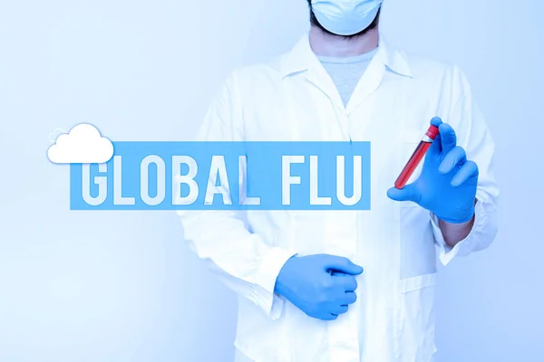 Fogalmi felirat: Global Influenza. Üzleti ötlet Gyakori fertőző betegség terjed szerte a világon gyorsan vegyész bemutatása vérminta, tudós elemző kutatási példány — Stock Fotó