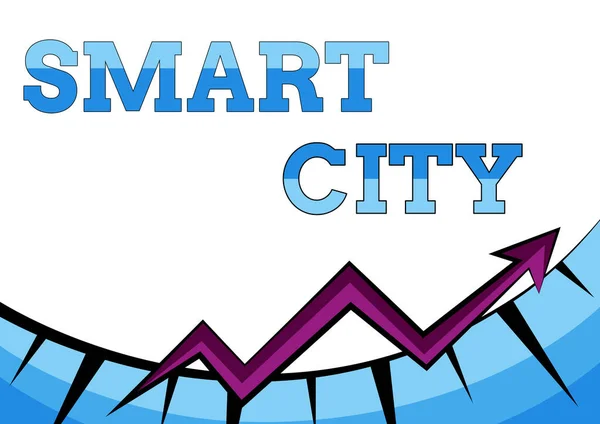 Κείμενο που δείχνει έμπνευση Smart City. Word for a urban area that use communication technologies to collect data Περίληψη γραφήματος Παρουσιάζοντας την πρόοδο, την πρόοδο και τη βελτίωση της έννοιας — Φωτογραφία Αρχείου