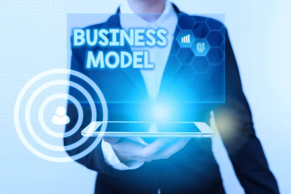 Conceptual caption Business Model. Business concept model showing how a company operates to generate more profit Woman In Suit Standing Using Device Showing New Futuristic Virtual Tech. — 图库照片
