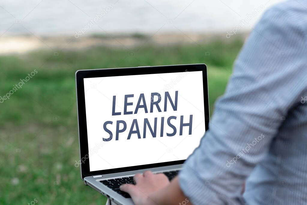Conceptual caption Learn Spanish. Business idea to train writing and speaking the national language of Spain Voice And Video Calling Capabilities Connecting People Together
