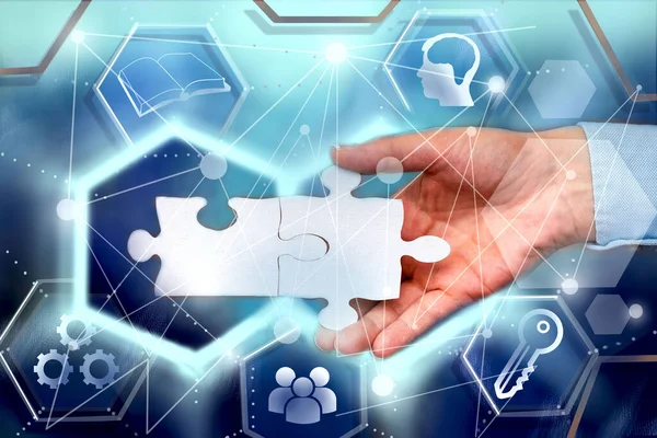 Hand Holding Jigsaw Puzzle Piece Unlocking New Futuristic Technologies. Palm Carrying Puzzles Part Displaying Solving Late Innovative Virtual Ideas.