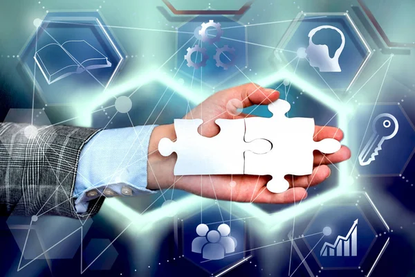 Hand Holding Jigsaw Puzzle Piece Unlocking New Futuristic Technologies. Palm Carrying Puzzles Part Displaying Solving Late Innovative Virtual Ideas.