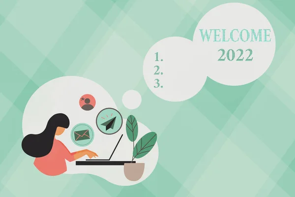 Text sign showing Welcome 2022. Obchodní nápad Nový rok oslavy motivace k zahájení jásot blahopřejeme Abstraktní prohlížení internetu a odesílání e-mailů, Remote Online Work Concept — Stock fotografie