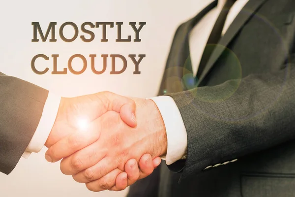 主に曇りが表示されます。Conceptual photo Shadowy Vaporous Foggy Fluffy Nebulous Clouds Skyscape Two Professional Well-Dressed Corporate Businessmen Handshake Indoors — ストック写真