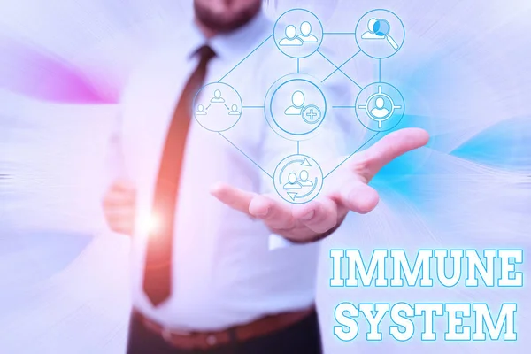 Handskrift text Immunsystemet. Konceptfoto Komplexa nätverk arbeta tillsammans för att försvara mot bakterier Gentelman Uniform Standing Holding Ny futuristisk teknik. — Stockfoto