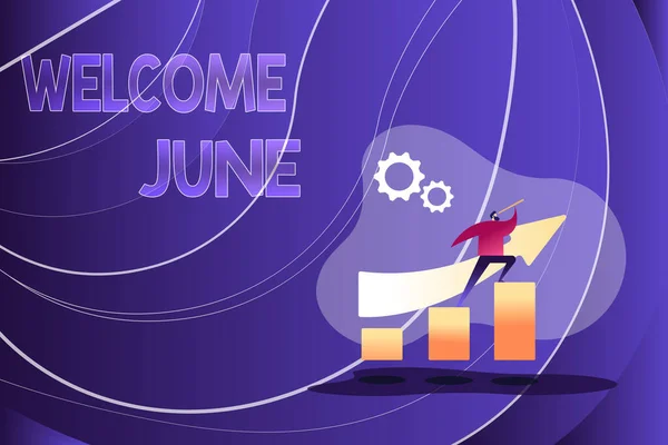 Kézírás szöveg Üdvözöljük June. Üzleti koncepció Naptár Hatodik hónap Második negyedév Harminc nap Üdvözlet Színes kép A haladás, az elvont vezetés és a továbblépés megjelenítése — Stock Fotó