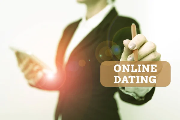 Tekst met inspiratie Online Dating. Conceptuele foto zoeken Matching Relaties eDating Video Chatten Presenteren van nieuwe technologie Ideeën bespreken Technologische verbetering — Stockfoto