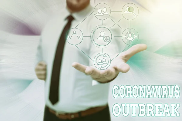 Texto que muestra inspiración Brote de Coronavirus. Concepto que significa enfermedad infecciosa causada por el recién descubierto COVID19 Gentelman Uniform Standing Holding Nuevas Tecnologías Futurísticas. — Foto de Stock