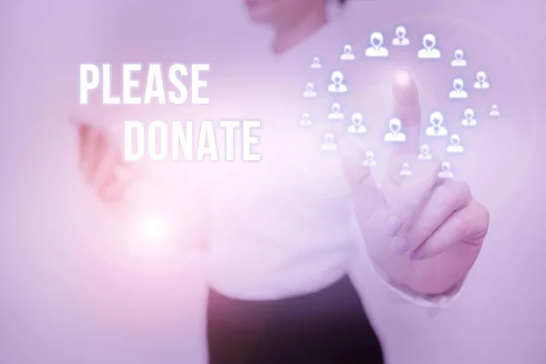 기부하시기 바랍니다. Business approach Supply Furnish Hand out Contribute Grant Aid to Charity Lady Holding Tablet Pressing On Virtual Button show Futuristic Tech. — 스톡 사진