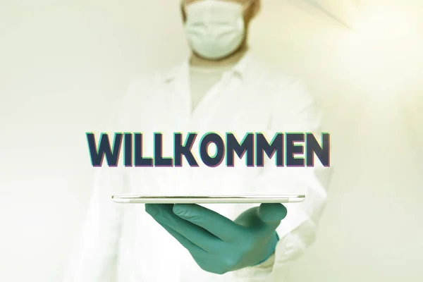 Conceptueel onderschrift Willkommen. Zakelijk overzicht verwelkomen show event of uw huis iets in die zin Demonstreren Medische Technologie Presenteren Nieuwe Wetenschappelijke Ontdekking — Stockfoto