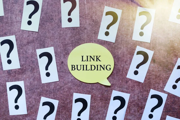 Sign displaying Link Building. Concept meaning SEO Term Exchange Links Acquire Hyperlinks Indexed Progress In Solving Problems Breakthrough New Designs And Ideas