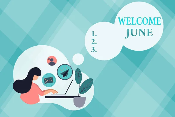 Schild mit der Aufschrift Welcome June. Wort für Kalender Sechster Monat Zweites Quartal Dreißig Tage Grüße Abstraktes Surfen im Internet und Versenden von E-Mails, Remote Online-Arbeitskonzept — Stockfoto