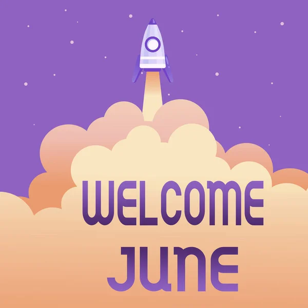 Szöveg megjelenítése Üdvözöljük June. Üzleti áttekintés Naptár Hatodik hónap Második negyedév Harminc nap Üdvözlet Absztrakt Elérés Felső szint, Rakéta Tudomány Bemutatás Tervezők — Stock Fotó