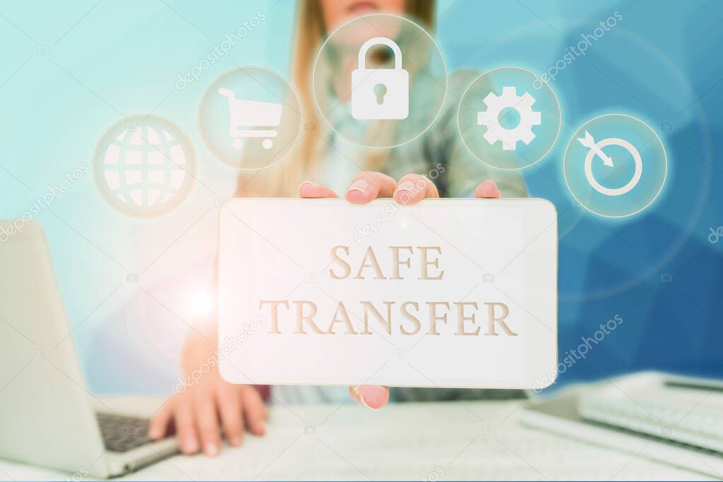 Handwriting text Safe Transfer. Word for Wire Transfers electronically Not paper based Transaction Business Woman Sitting In Office Holding Mobile Displaying Futuristic Ideas.