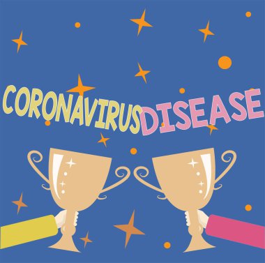 Coronavirus Hastalığı metni yazılıyor. Yeni Kazanan Kavramını Kutlayan, Soyut Zafer Töreni, SARSCoV2 virüsünün yol açtığı bir hastalık olarak tanımlanan kelime