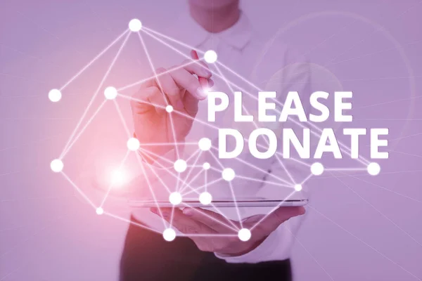 Text sign showing Please Donate. Word for Supply Furnish Hand out Contribute Grant Aid to Charity Lady In Uniform Standing Holding Tablet Typing Futuristic Technologies. — Stock Photo, Image