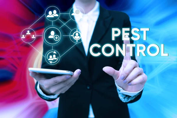 Inspiration showing sign Pest Control. Business concept Killing destructive insects that attacks crops and livestock Lady In Uniform Holding Phone Pressing Virtual Button Futuristic Technology. — Stock Photo, Image