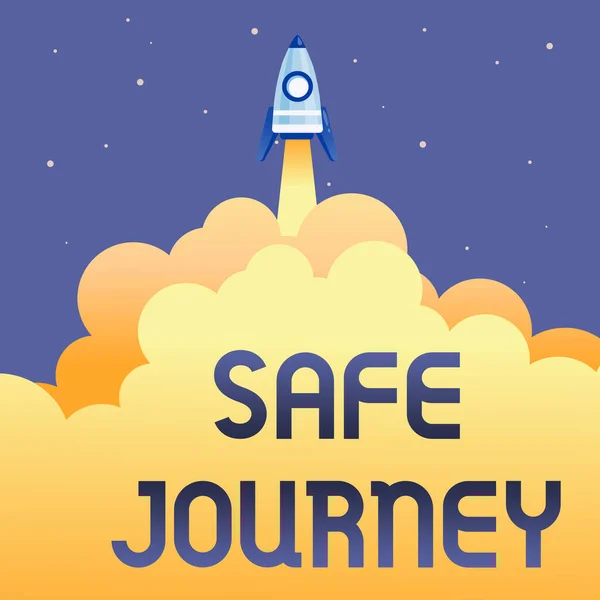 展示安全旅程的标志。概念意谓祝福告别开车小心使用安全带拉链抽象达到顶级水平火箭科学演示设计 — 图库照片