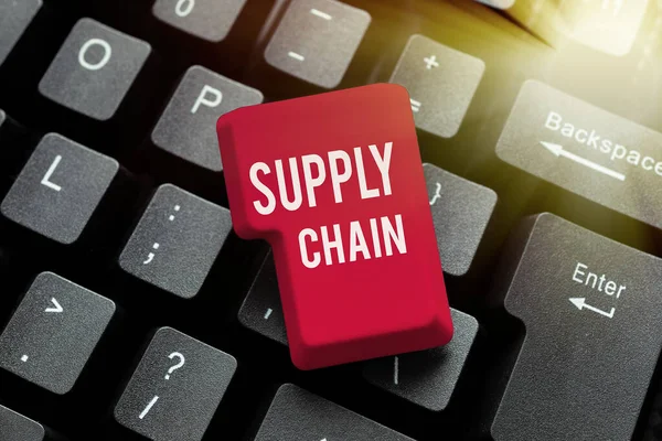 Konzeptionelle Bildunterschrift: Supply Chain. Geschäftsansatz Organisations- und Prozesssystem vom Lieferanten bis zum Verbraucher Abstract Entwurf eines verbindlichen Vertrages, Erstellung von Antivirus-Codes — Stockfoto