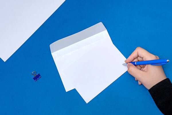 Woman Hand Holding Blank Notes Writing New Messege Updates Ideas. Lady Palm Showing Envelope Folding Sending Letters Post Address.