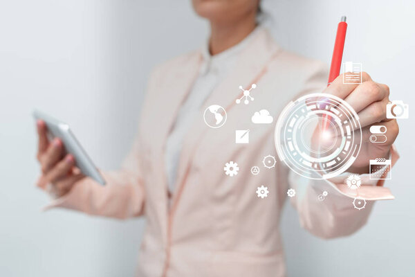 Business Woman Touching Digital Data On Holographic Screen Interface. Lady In Uniform Holding Mobile Device And Presenting Different Futuristic Virtual Display Diagrams.