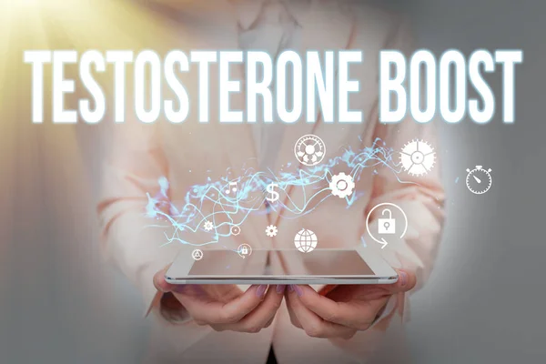Conceptual display Testosterone Boost. Word for rise of primary male sex hormone and an anabolic steroid Lady In Suit Holding Phone And Performing Futuristic Image Presentation.