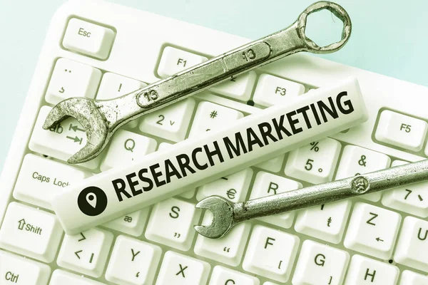 Text sign showing Research Marketing. Business overview process of gathering and interpreting info about a market Internet Browsing And Online Research Study Doing Maintenance And Repairs — Photo