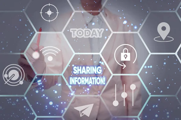 Conceptual display Sharing Information. Business concept exchange of data between various organizations Lady In Uniform Holding Tablet In Hand Virtually Typing Futuristic Tech.