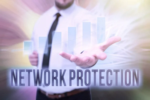 Text sign showing Network Protection. Business concept protect the usability and integrity of the network Gentelman Uniform Standing Holding New Futuristic Technologies. — Stock fotografie