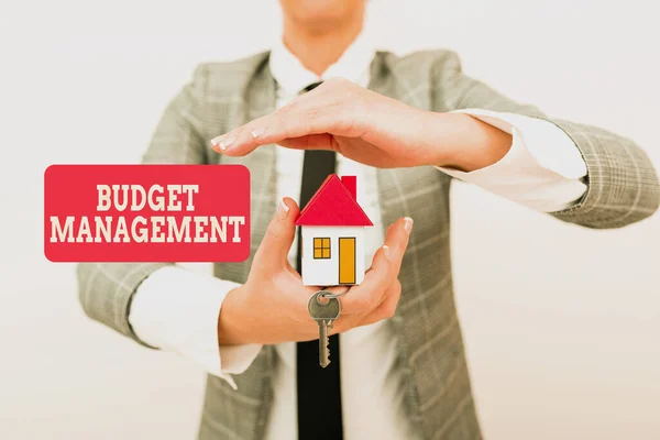 Sign displaying Budget Management. Business concept designing and implementing budget processes of a person Allocating Savings To Buy New Property, Saving Money To Build House — Stockfoto