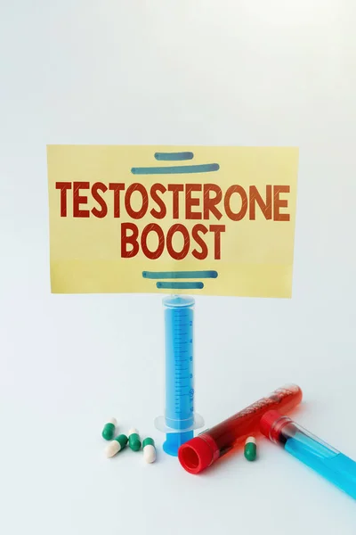 標識テストステロンブーストを示すインスピレーション。主な男性性ホルモンとアナボリックステロイドのビジネス概要執筆重要な医療ノート研究室新しい感染症のテスト — ストック写真