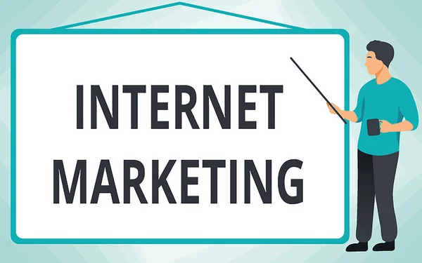 Χέρι εγγράφως σημάδι Internet Marketing. Επιχειρηματική επισκόπηση οδηγούν σε απευθείας πωλήσεις των προϊόντων μέσω του ηλεκτρονικού εμπορίου Σχολή Εκπαιδευτής Σχέδιο Σημαδεύοντας Stick Whiteboard Ενώ Holding Cup. — Φωτογραφία Αρχείου